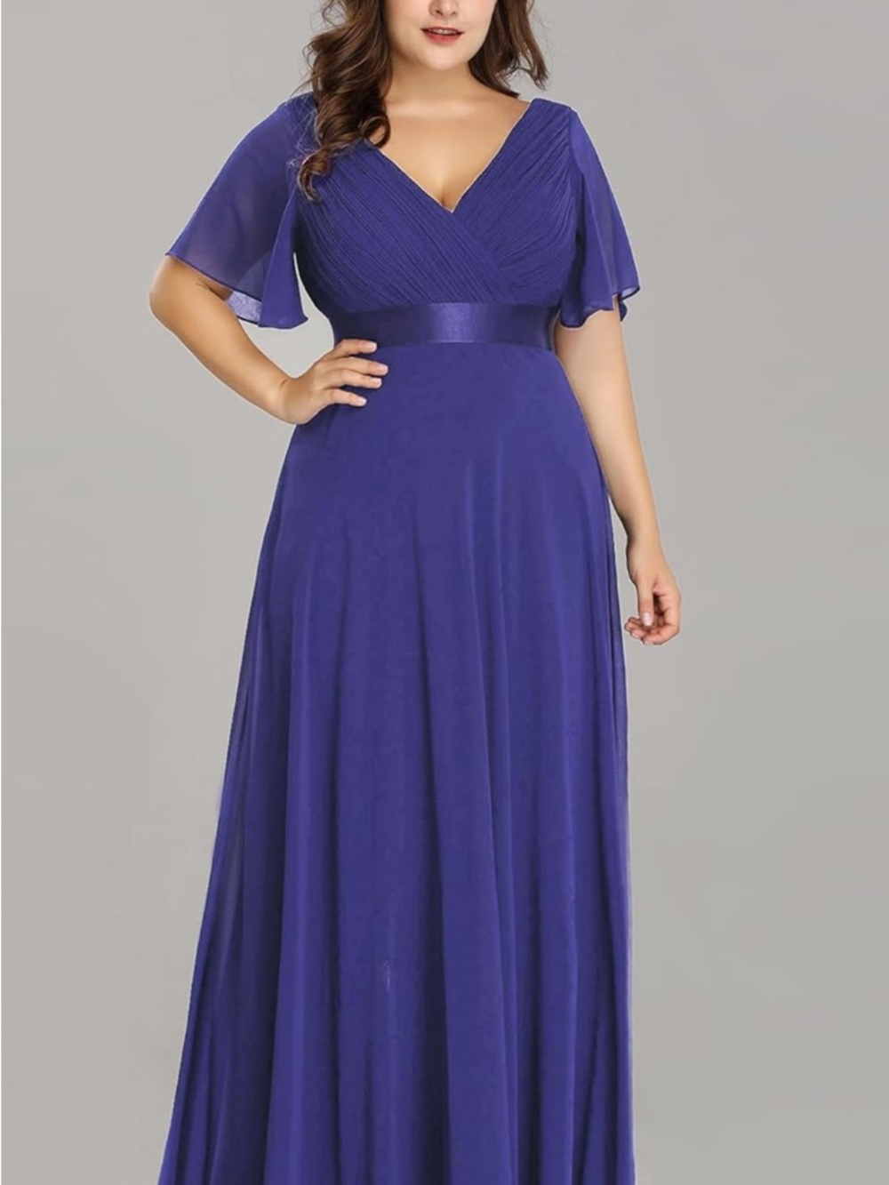 Ever Pretty Plus Size V-Neck Flutter Sleeve Maxi Dress in Royal Purple - Picture 4 of 5